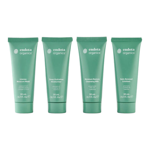 endota Hydrating Mini Kit, containing endota's best-selling products, including Intense Moisture Mask, Deep Hydration Moisturiser, Moisture Restore Cleansing Milk, and Daily Renewal Exfoliant.