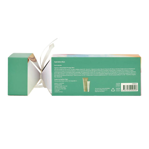 Back of endota Hydration Duo Bon Bon, a festive gift pack containing Hydrating Lip Balm and Signature Blend Hand Therapy, offering a delightful way to protect and nourish your lips and hands during the festive season. Packaged in a colourful cardboard box with ribbon.