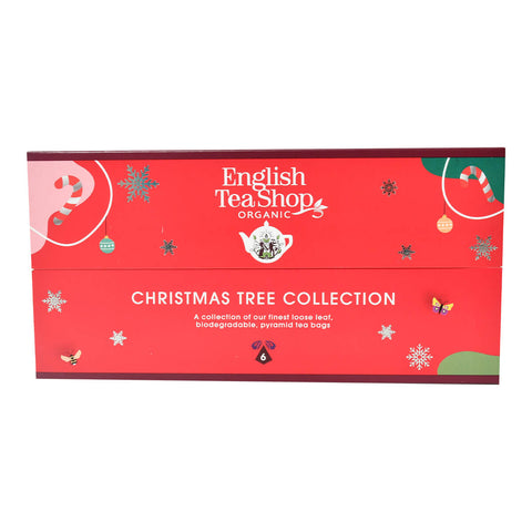 Box of English Tea Shop Christmas Tree Collection, featuring 6 delicious teas packaged in festive cardboard ornaments and biodegradable pyramid tea bags.