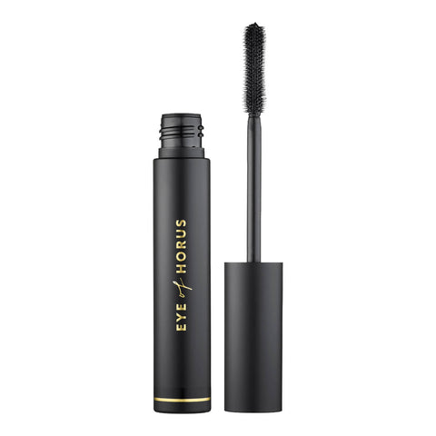 8ml tube of Eye of Horus Goddess Mascara in black, a gentle, long-wear, and water-resistant formula that coats lashes without clumping. Infused with moringa oil to promote lash health, and enriched with carnauba, candelilla, rice bran wax, and cera alba to nourish and set the formula for a long-wear, smudge-proof finish. Packaged responsibly in post-consumer resin.