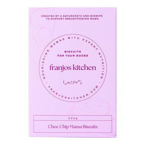 252g box of Franjos Kitchen Choc Chip Mama Biscuits, lactation cookies designed to boost and support milk supply for breastfeeding and pumping mums. Chocolate chips are blended with oats, buckwheat, and chia seeds.