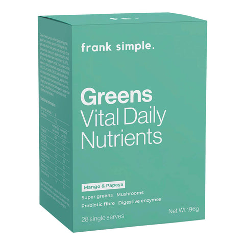 Box of 28 single serves/196g of Frank Simple Greens Vital Daily Nutrients in Mango & Papaya flavour, a super greens powder with mushrooms, prebiotic fibre, and digestive enzymes to support general well-being.