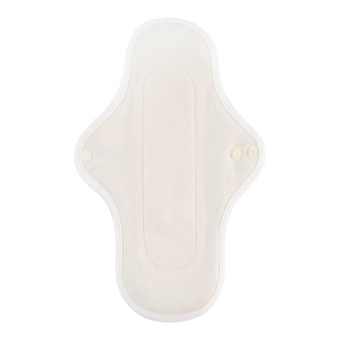 Inside view of a hannahPAD reusable long liner made from certified organic cotton, featuring double snap fasteners and silicone grips to prevent slippage.