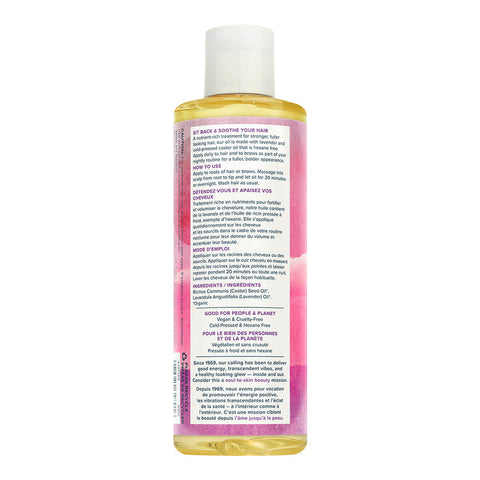 Back of bottle of lavender castor oil for body, hair and eyebrows, showing directions and ingredients.