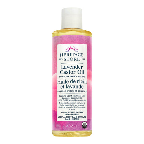 Bottle of lavender castor oil for body, hair and eyebrows.