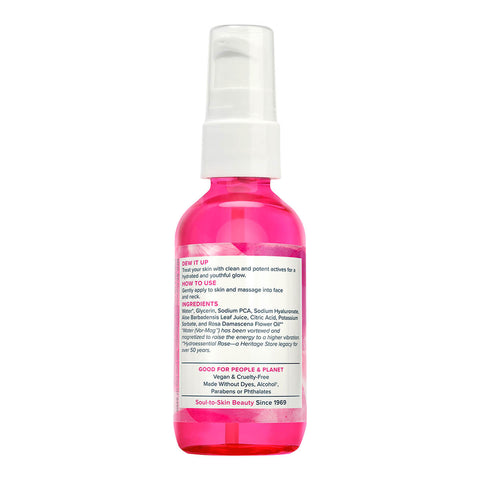 Back of bottle of rosewater serum with 1% hyaluronic acid, showing directions and ingredients.