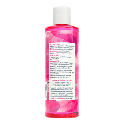 Back of bottle of rosewater toner moisturising essence, showing directions and ingredients.