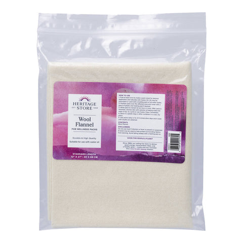 30cm x 68cm Heritage Store Wool Flannel designed to help castor oil more deeply absorb into the skin. Natural and unbleached, it is durable and richly textured for maximum absorption. Ideal for use as part of castor oil packs. White flannel folded and packaged in a plastic zip lock bag with a pink and purple label.