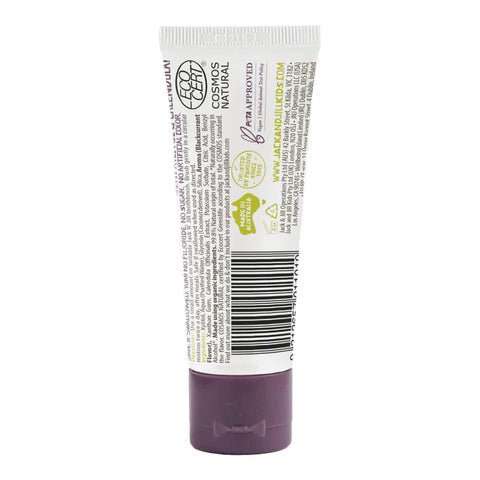 50g tube of Jack N Jill Natural Toothpaste for kids in blackcurrant flavour, made with natural ingredients, including xylitol and calendula, which help soothe gums and fight tooth decay. Packaged in a white tube with a playful kids' design and a purple lid.