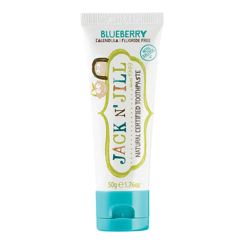 50g tube of Jack N Jill Natural Toothpaste for kids in blueberry flavour, made with natural ingredients, including xylitol and calendula, which help soothe gums and fight tooth decay. Packaged in a white tube with a playful kids' design and a blue lid.