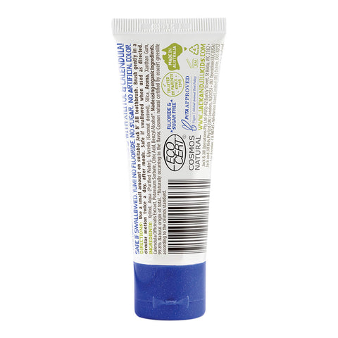 Back view of 50g tube of Jack N Jill Natural Toothpaste for kids in bubblegum flavour, made with natural ingredients, including xylitol and calendula, which help soothe gums and fight tooth decay. The back shows the directions, ingredients, and certifications. Packaged in a white tube with a playful kids' design and a dark blue lid.