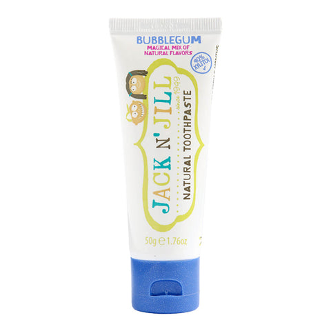 50g tube of Jack N Jill Natural Toothpaste for kids in bubblegum flavour, made with natural ingredients, including xylitol and calendula, which help soothe gums and fight tooth decay. Packaged in a white tube with a playful kids' design and a dark blue lid.