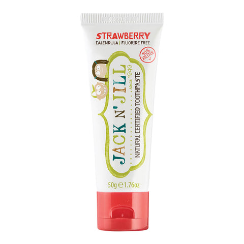 50g tube of Jack N Jill Natural Toothpaste for kids in strawberry flavour, made with natural ingredients, including xylitol and calendula, which help soothe gums and fight tooth decay. Packaged in a white tube with a playful kids' design and a red lid.