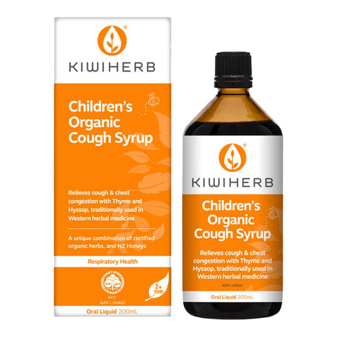 200ml bottle of Kiwiherb Children's Organic Cough Syrup with a unique combination of certified organic herbs and New Zealand honeys to relieve cough and chest congestion. The bottle is next to its box. Packaged in an amber glass bottle with a white and orange label.