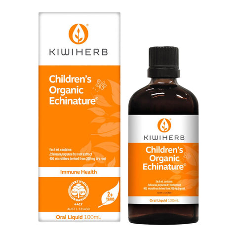 100ml bottle of Kiwiherb Children's Organic Echinature, an immune product for children, made from premium certified organic echinacea root, in a base of organic apple juice with natural orange flavour.