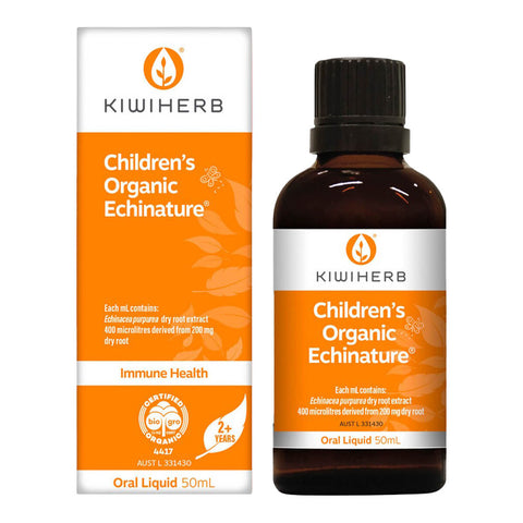 50ml bottle of Kiwiherb Children's Organic Echinature, an immune product for children, made from premium certified organic echinacea root, in a base of organic apple juice with natural orange flavour.