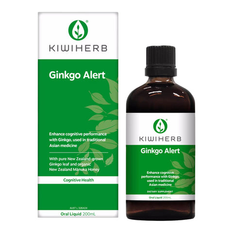 200ml bottle of Kiwiherb Ginkgo Alert with pure New Zealand-grown ginkgo leaf and organic manuka honey designed to enhance cognitive performance.