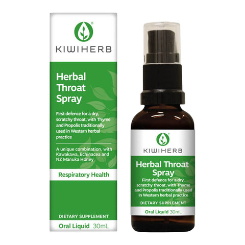 30ml spray pump bottle of Kiwiherb Herbal Throat Spray, a fresh tasting, convenient solution for oral health with kawakawa, echinacea, and manuka honey. First defence for a dry, scratchy throat with thyme and propolis.