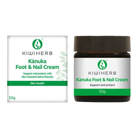 50g jar of Kiwiherb Kanuka Foot & Nail Cream, an antiseptic formulation that helps improve the appearance of the feet and nails by supporting fungal balance and reinforcing the natural barrier of the skin. With kanuka, calendula, and thyme.