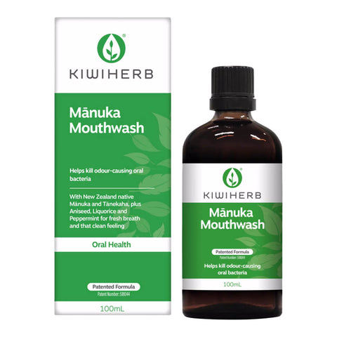 100ml bottle of Kiwiherb Manuka Mouthwash, a natural herbal mouthwash made from New Zealand native manuka and tanekaha, which help to kill the odour-causing bacteria that cause bad breath.