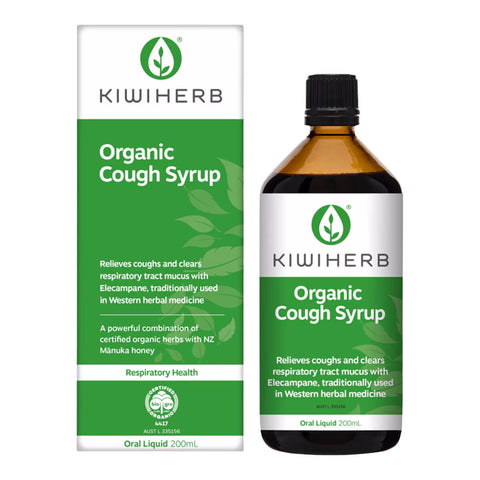 200ml bottle of Kiwiherb Organic Cough Syrup, a powerful combination of herbs and New Zealand manuka honey that relieves coughs and cleas respiratory tract mucus with elecampane.