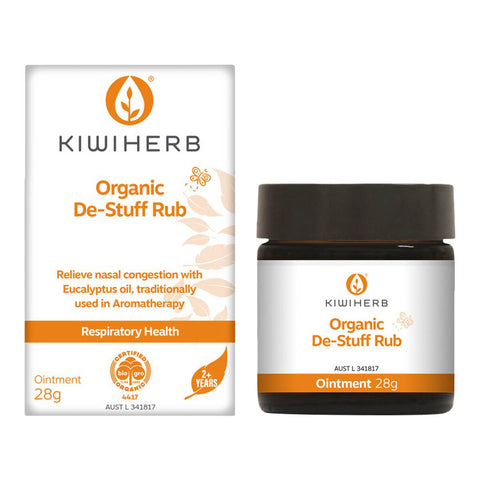 28g jar of Kiwiherb Organic De-Stuff Rub ointment, a blend of six essential oils in a moisturising blend of cold pressed oils to relive nasal congestion.