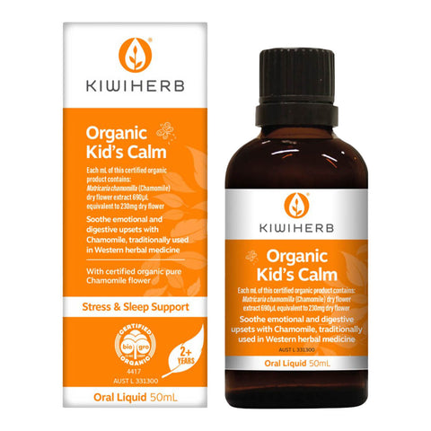 50ml bottle of Kiwiherb Organic Kid's Calm, a delicious tasting syrup with chamomile that helps calm irritable or over-excited toddlers and children, and soothes colic, gripe, wind, and upset tummies. Ideal to help your child sleep and calm them during travel.