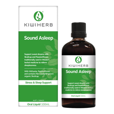 100ml bottle of Kiwiherb Sound Asleep, a fast-acting herbal aid containing New Zealand-grown skullcap, withania, and passionflower, which are traditionally used in Western herbal medicine to assist falling asleep faster, relieve sleeplessness and support the nervous system for a healthy sleep.