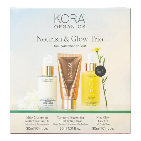 KORA Organics Nourish & Glow Trio, a skincare set of three certified organic products will have you glowing on the go. Gently cleanse, detoxify, and nourish your skin with this trio powered by antioxidant-rich noni fruit. Set contains Milky Mushroom Gentle Cleansing Oil 30ml, Turmeric Brightening & Exfoliating Mask 30ml, and Noni Glow Face Oil 30ml.