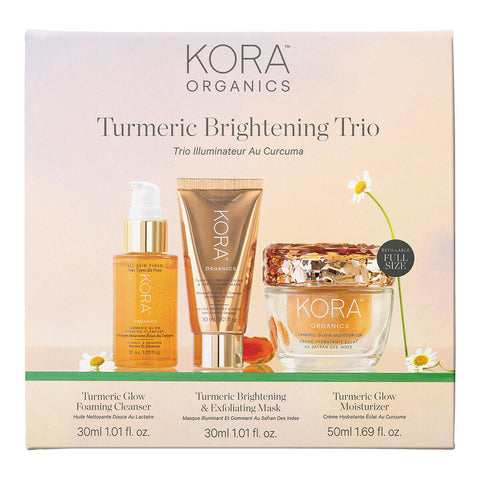 KORA Organics Turmeric Brightening Trip, a skincare set of KORA Organics' best-selling essentials for brighter, glowing skin. Known for its antioxidant properties, this trio is powered by certified organic turmeric to cleanse, smooth and nourish the skin for a healthier glow from the inside out. Set includes Turmeric Glow Foaming Cleanser (30ml), Turmeric Brightening & Exfoliating Mask (30ml), and Turmeric Glow Moisturiser (50ml).