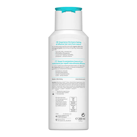 Back view of a 200ml bottle of Lavera Basis Sensitiv Conditioner - Moisture & Care, showing the product description and ingredients.