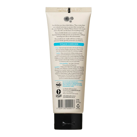 Back view of 100ml bottle of Little Urchin Natural Clear Zinc Sunscreen SPF 30, a hydrating, vegan formula that provides UVA and UVN broad spectrum protection from the sun while also being 4 hours water-resistant. The back shows the product description, directions, precautions, and ingredients. Packaged in a cream tube with minimal blue and black text on the label.