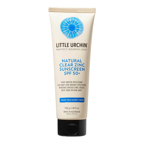 Front view of 100ml bottle of Little Urchin Natural Clear Zinc Sunscreen SPF 50+, a hydrating, vegan formula that provides UVA and UVN broad spectrum protection from the sun while also being 4 hours water-resistant. Packaged in a cream tube with minimal blue and black text on the label.