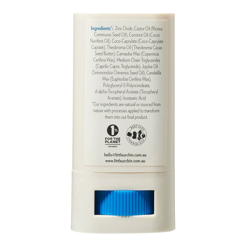 Back view of 20g tube of Natural Zinc Stick SPF 50+, a clear, hydrating, vegan formula that provides UVA and UVB broad spectrum protection from the sun while also being 4 hours water-resistant. The back shows the ingredients. Packaged in a cream tube with minimal blue and black text on the label.