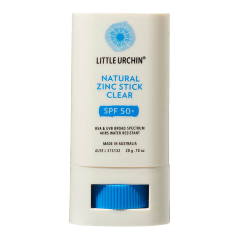 Front view of 20g tube of Natural Zinc Stick SPF 50+, a clear, hydrating, vegan formula that provides UVA and UVB broad spectrum protection from the sun while also being 4 hours water-resistant. Packaged in a cream tube with minimal blue and black text on the label.