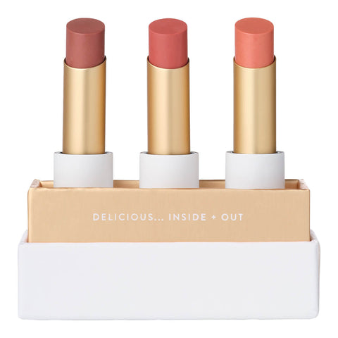 Luk Beautifood Lip Nourish Trio - Perfect Nudes gift set, featuring award winning Lip Nourish in a curated set of three flattering nude shades to create an understated chic look. Contains shades Tea Rose, Nude Pink, and Peach Melon.