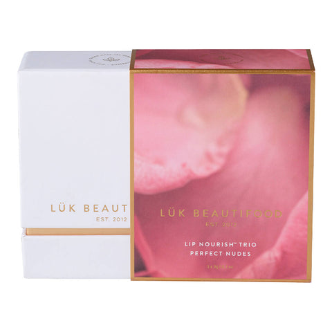 Luk Beautifood Lip Nourish Trio - Perfect Nudes gift set, featuring award winning Lip Nourish in a curated set of three flattering nude shades to create an understated chic look. Contains shades Tea Rose, Nude Pink, and Peach Melon.