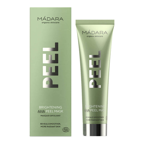 Madara Brightening AHA Peel Mask with fruit acids and vitamin C from quince fruit, blended with hydrating lactic acid and soothing elderflower that provides efficient exfoliation for bright, radiant, and smoothed skin. Packaged in a green tube.