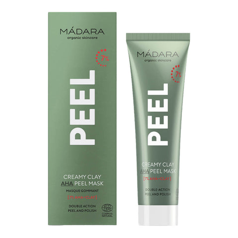 60ml bottle of Madara Peel Creamy Clay AHA Peel Mask, a double-action face mask with 7% lactic acid and micro-clay dissolves dead cells, unclogs pores, and gently polishes the skin surface for an instantly clearer, smoother, and more uniform skin.