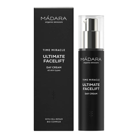 Madara Time Miracle Ultimate Facelift, a luxuriously lightweight face moisturiser, delivering instant and long-term effects of smoother and firmer-looking skin. Packaged in a black plastic bottle with a pump.