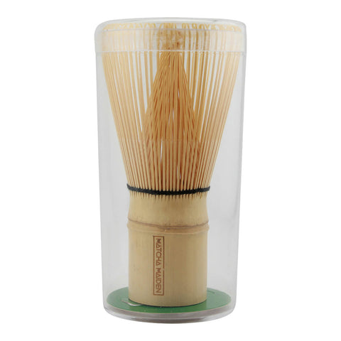 Matcha Maiden Bamboo Matcha Whisk packaged in a clear plastic case, handcrafted from 100% premium natural bamboo. Used to whisk matcha powder to create a rich and creamy texture.