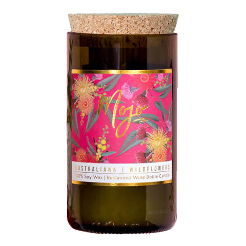 Mojo Candle Co. Australiana wildflowers scented candle, hand-poured into a reclaimed wine bottle with natural soy wax.