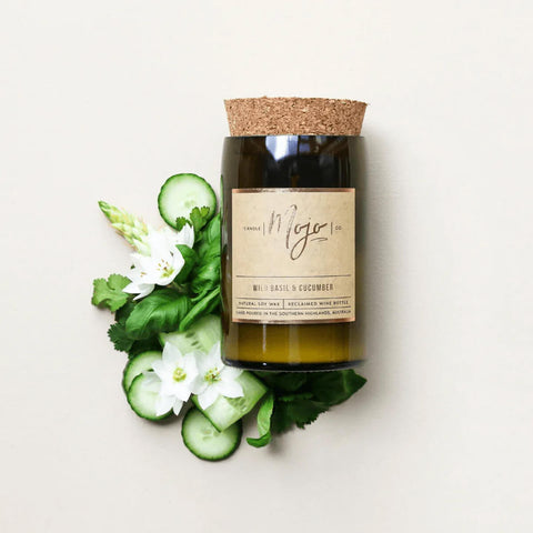 Reclaimed Wine Bottle Soy Wax Candle - Wild Basil & Cucumber