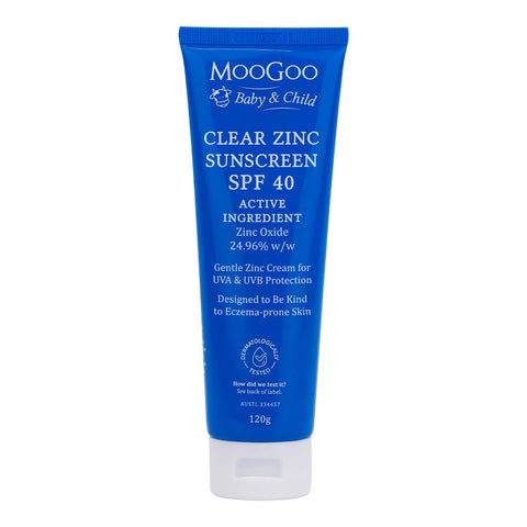 120g tube of MooGoo Baby & Child - Clear Zinc Sunscreen SPF40, a gentle zinc cream for UA and UVB protection, designed to be kind to eczema prone skin. Packaged in a blue tube.