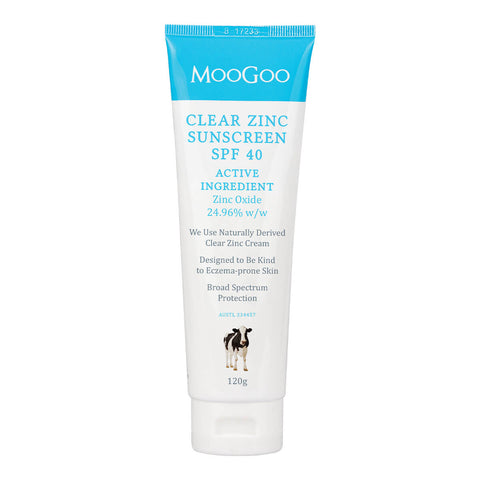 120g tube of MooGoo Clear Zinc Sunscreen SPF40, made with naturally derived clear zinc cream and designed to be kind to eczema-prone skin. Packaged in a white and blue tube.