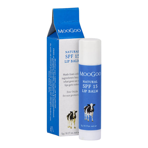 5g tube of MooGo0o Natural SPF15 Edible Lip Balm, made with natural ingredients like coconut, apricot, jojoba, and sweet almond oils to hydrate and nourish your lips. Packaged in a blue and white tube.