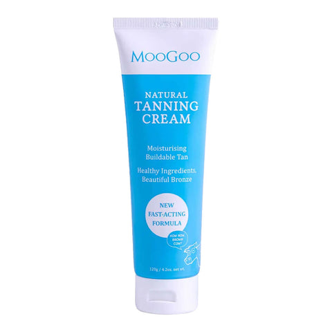 120g tube of MooGoo Natural Tanning Cream, a naturally moisturising rapid tanning formula made with nourishing oils like sweet almond, coconut, and olive oil. Packaged in a blue and white tube.