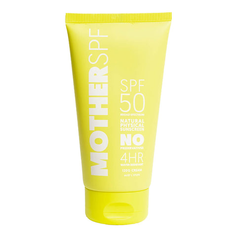 120g bottle of MOTHER SPF Natural Physical Sunscreen SPF 50, enriched with zinc, this formula is anti-inflammatory and packed with nutrient-rich benefits. This face and body sunscreen contains just 10 natural and organic ingredients. Packaged in a yellow tube.