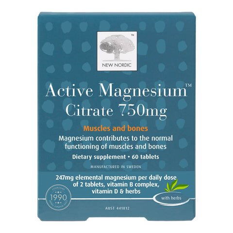 60 New Nordic Active Magnesium Citrate 750mg tablets, a herbal supplement with B-vitamins, vitamin D, pine bark extract, and long pepper to support normal functioning of muscles and bones.