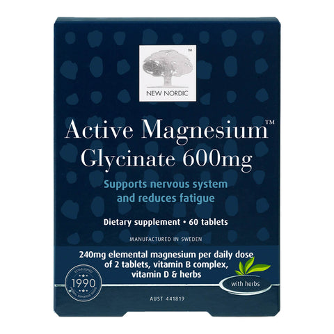 60 New Nordic Active Magnesium Glycinate 600mg tablets, a herbal supplement that supports the nervous system and reduces fatigue.